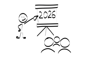 2026. doodle. Simple hand-drawn stick figures presenting the year 2026 on a board, symbolizing future planning, goals, and business forecasting.