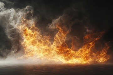 Flames dance in a darkened space, creating a dramatic fiery display with smoke