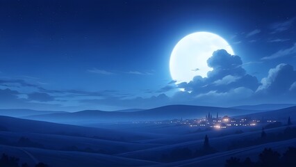 Peaceful anime-inspired countryside night with starry sky and glowing moonlight scenery.