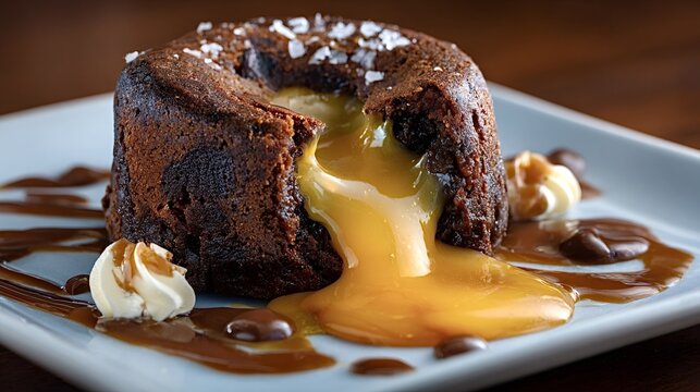 Dark chocolate lava cake with warm molten caramel filling and sea salt presented on a plate, featuring whipped cream and chocolate sauce accents, offering a decadent sweet dessert experience