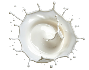 Overhead shot of a white liquid splash, appearing creamy with droplets against a black background