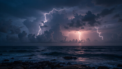 Fototapeta premium Dramatic lightning storm over ocean with dark clouds and rocky shoreline