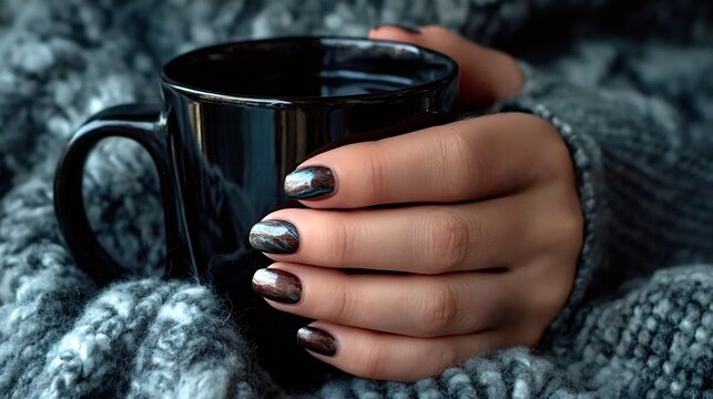 Woman's hand with creative nail art manicure holding a dark black mug, wrapped in a warm grey knitted sweater, representing comfort, coziness, and a relaxing winter morning at home