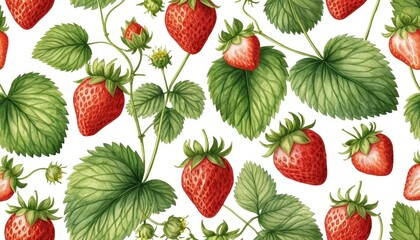 Fresh Red Strawberries and Green Leaves on White Background for Textile and Paper Design