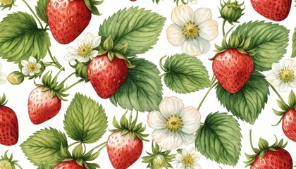 Beautiful Watercolor Illustration of Strawberries and Flowering Plants on White Background