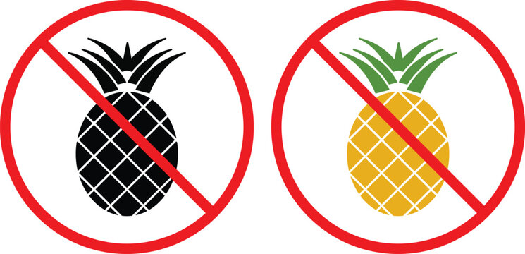 no pineapple icon. Tropical fruit prohibition symbols. No pineapple graphic design. Allergy restriction and food safety signs
