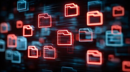 Digital data folders, some glowing red and others blue, are transferring across a dark virtual network, representing cloud storage, information sharing, and cybersecurity concepts