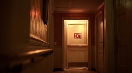 Dimly lit institutional hallway with a glowing red exit sign above a distant door, warm yellow light casting long shadows, evoking mystery, solitude and the promise of escape