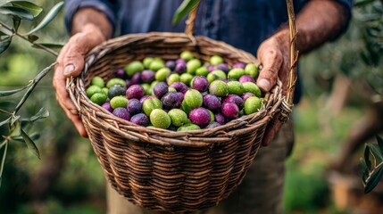 Close-up of weathered hands holding a wicker basket overflowing with freshly picked green and purple olives in an olive grove