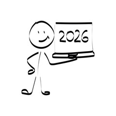 2026. doodle. Simple hand-drawn stick figures presenting the year 2026 on a board, symbolizing future planning, goals, and business forecasting.