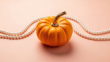 Elegant pumpkin with gold stem and pearl necklace on soft pink background