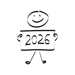 2026. doodle. Simple hand-drawn stick figures presenting the year 2026 on a board, symbolizing future planning, goals, and business forecasting.