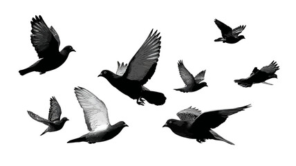 Fototapeta premium Dynamic flock of flying birds silhouetted against a bright white background. Group of black and white birds in motion.