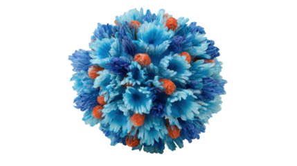 Fluffy blue and orange pom-pom textured sphere creative design element isolated on transparent background