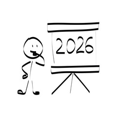 2026. doodle. Simple hand-drawn stick figures presenting the year 2026 on a board, symbolizing future planning, goals, and business forecasting.