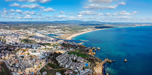 Aerial panorama overview from the city Lagos in the Algarve Portugal