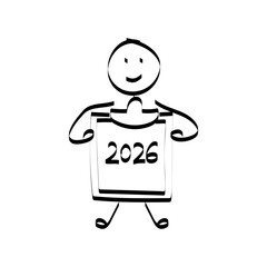 2026. doodle. Simple hand-drawn stick figures presenting the year 2026 on a board, symbolizing future planning, goals, and business forecasting.