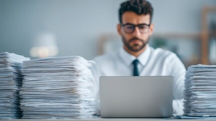 Medical blockchain data, A focused man works on a laptop surrounded by stacks of paperwork, highlighting themes of productivity and organization in a professional setting.