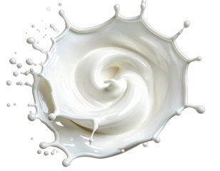 A high-angle, isolated shot of white liquid forming a beautiful splash against a black backdrop