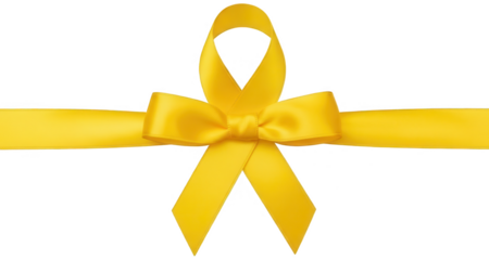 A vibrant, luminous yellow satin ribbon gracefully forms a decorative bow with flowing tails, exhibiting a smooth, lustrous texture and a neatly tied knot,, isolated on transparent background.
