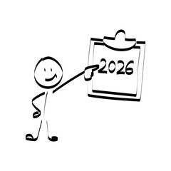2026. doodle. Simple hand-drawn stick figures presenting the year 2026 on a board, symbolizing future planning, goals, and business forecasting.