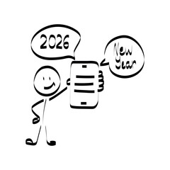 2026. doodle. Simple hand-drawn stick figures presenting the year 2026 on a board, symbolizing future planning, goals, and business forecasting.