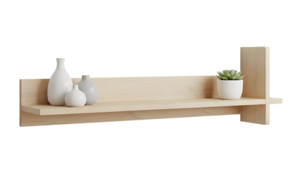 Wooden shelf with decorative items isolated on transparent background