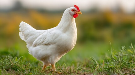 A pristine white fowl with a vibrant red comb and wattles stands majestically in a grassy field, bathed in soft, natural sunlight
