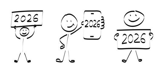 2026. doodle. Simple hand-drawn stick figures presenting the year 2026 on a board, symbolizing future planning, goals, and business forecasting.
