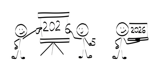 2026. doodle. Simple hand-drawn stick figures presenting the year 2026 on a board, symbolizing future planning, goals, and business forecasting.
