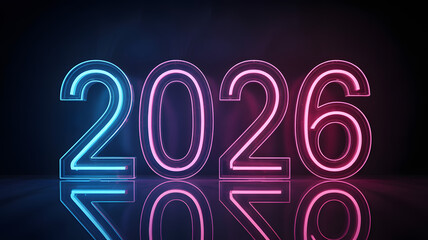 Neon 2026 numbers in futuristic glow with blue and pink gradient lighting on dark background for new year celebration