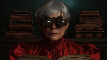 Portrait of an elderly woman with white hair, wearing a red blouse and a pair of steampunk-style goggles. she is standing in front of a stack of books, with a dark background.