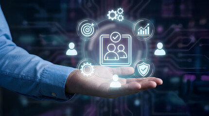 a man s hand gently holds a glowing smartphone displaying icons representing teamwork strategy data analysis and secure digital connectivity amidst a circuit board background