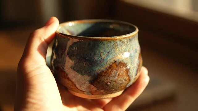 Hand holding a unique handcrafted ceramic cup with rustic glaze in warm light