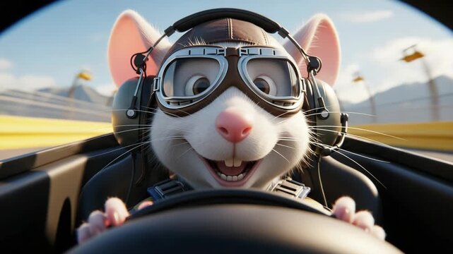 A cartoon mouse wearing goggles and headphones driving a car on a road with mountains in the background on a sunny day