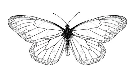 Detailed monochrome butterfly line art illustration. Elegant black and white insect drawing with open wings, isolated on white background.