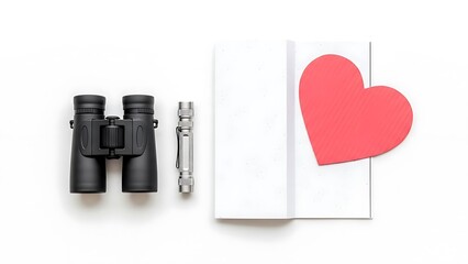 A top down view of binoculars a flashlight an open notebook and a red heart on