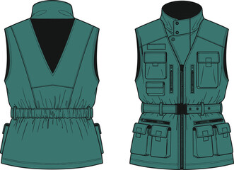 Naklejka premium Utility cargo vest technical flat sketch, sleeveless gilet with multiple pockets, front and back view, fashion design vector illustration.