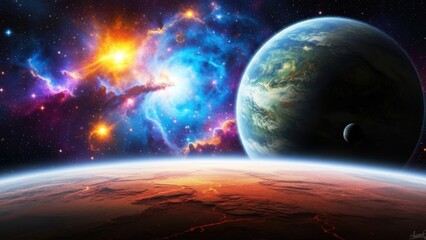 Stunning cosmic landscape with vibrant nebula and planets in space