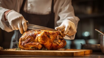 Close-up of chef carving a roasted chicken on a wooden cutting board with gloved hands using tongs, in a kitchen