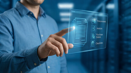 A man interacting with a holographic display showing data management icons in a server room environment symbolizing futuristic technology and data security