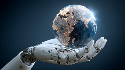 A robotic arm cradles a glowing Earth, showcasing city lights on the continents against a dark, futuristic background