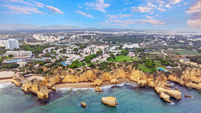 Aerial from famous beach Praia Tres Irmaos near Alvor in Portugal