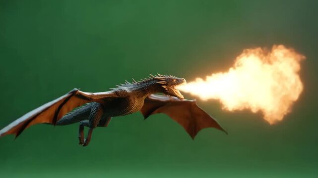A large dragon flying through the air breathing fire with a green background