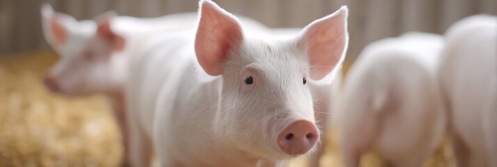 Three pigs are standing in a field