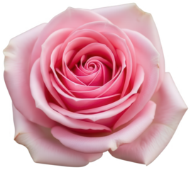 A delicately rendered, soft pink and blush rose blossom with tightly coiled petals and subtle shading, presented in a photorealistic style, gracefully unfurling, isolated on transparent background.