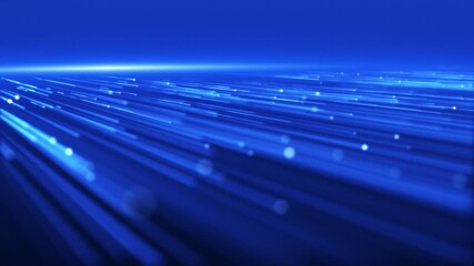 A stream of glowing blue digital fiber optic light data nodes streaming past the camera. Communications and network connections concept. Full HD and looping technology motion background animation. - Powered by Adobe