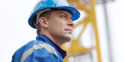 Man wearing a blue jacket and a blue helmet