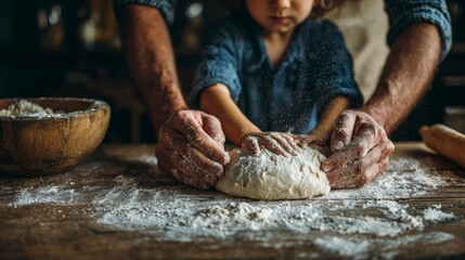 Fototapeta premium A parent and child's hands are kneading dough on a flour-dusted wooden surface, a wooden bowl is beside the scene
