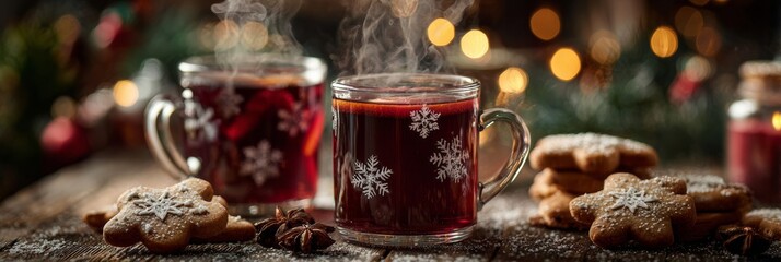 Mug of steaming mulled wine and gingerbread cookies on a rustic wooden table, christmas lights and snowflakes.